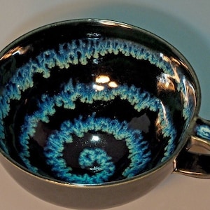 BEST SELLER! Multi-Tasking Ceramic Blue Festive Spiral Metallic Glossy Black Soup Mug Salad Serving Bowl Pottery Dish Teacup - 5-6" diameter