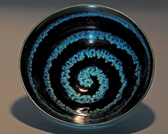 Handmade Ceramic Dessert Bowl – Black Gloss Glaze, Blue Spiral Pottery
