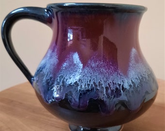 Colorful Ceramic Coffee Mug Handmade Pottery Tea Cup with Festive Red Black Blue Silver Glaze Effect 500-600 ml Artisan Drinkware Gift