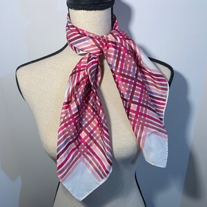 Vintage Women&#39;s Glentex Square Polyester Plaid Hair or Neck Scarf - White Scarf with Shades of Pink and Purple Plaid