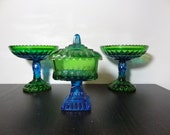 Vintage Jeannette Glass Blue and Green Ombre Carnival Glass Covered Pedestal Candy Dish and 2 Round Pedestal Bowls - Set of 3