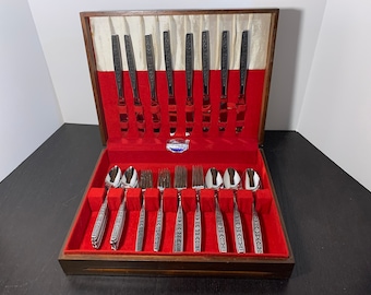 Vintage Walco Stainless Steel Danish Modern Floral Flatware - Service For 8 Plus Serving Pieces - Set of 50 - Including Box - New Old Stock