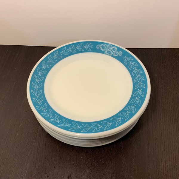 Vintage Pyrex Tableware by Corning Laurel Leaf Turquoise Blue and White Milk Glass Dinner Plates - 9" Dinner Plates - Set of 8