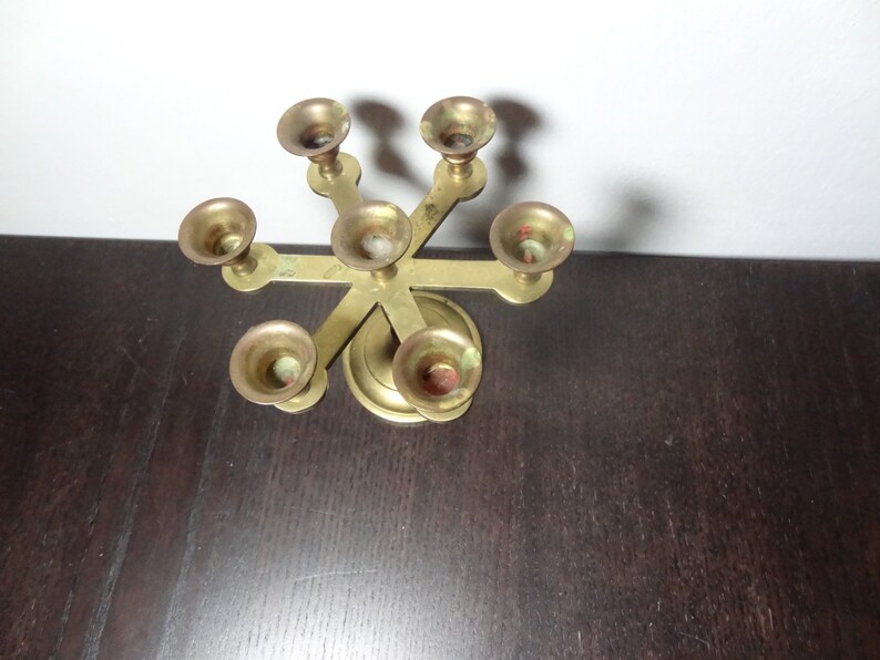 Vintage Small Brass Round Candelabra with 7 Candle Holders for Small Taper Candles