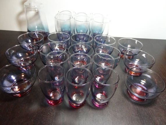 Vintage Purple and Blue Ombre Glassware Variety of Shapes and Sizes Bar/ cocktail/juice/drinking Glasses and 1 Covered Jar Set of 25 