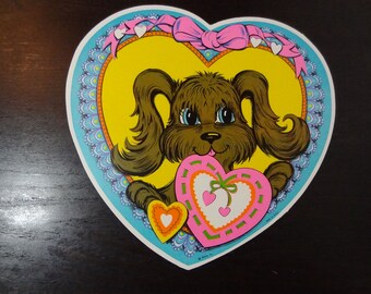 Vintage Beistle Valentines Day Decoration - Kitsch Die Cut Wall Poster/Wall Hanging - Heart with Puppy Dog
