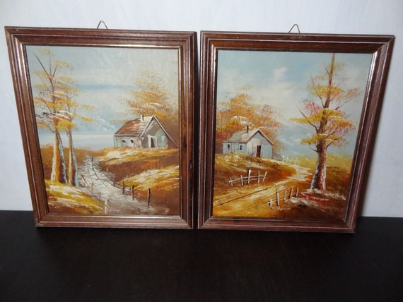 Vintage Rustic Wood Framed Original Oil Paintings Set Of 2 Etsy