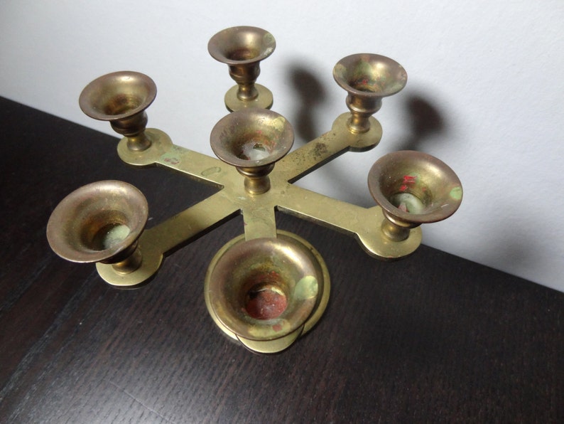 Vintage Small Brass Round Candelabra with 7 Candle Holders for Small Taper Candles