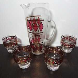 Vintage West Virginia Glass Co. Pink and Gold Diamond and Scroll Pattern Cocktail/Bar Glasses with a Matching Glass Pitcher