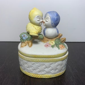 Vintage UCGC Bisque Ceramic Bluebird and Canary Trinket Box with Lid - Vintage 1970&#39;s