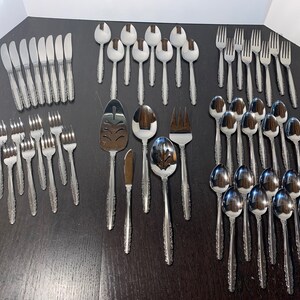 National Stainless Co Fairlawn Floral Stainless Steel Flatware - Service For 8 Plus Serving Pieces - Set of 53 - New Old Stock - Vintage MCM