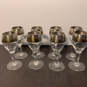 Vintage Authentic Dorothy Thorpe Roly Poly Sterling Silver Banded/Rimmed Cordial Cocktail Bar Glasses - Set of 8 - Mid Century Modern