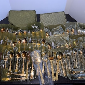 Vintage Cellini Romanesque Gold Plated Stainless Steel Floral Flatware - Service For 12 + Some Serving Pieces - Set of 80 New Old Stock