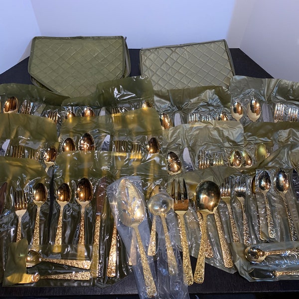 Vintage Cellini Romanesque Gold Plated Stainless Steel Floral Flatware - Service For 12 + Some Serving Pieces - Set of 80 New Old Stock