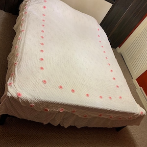 Vintage Chenille Queen Bedspread with Pink Flowers and Scalloped Ruffle Border