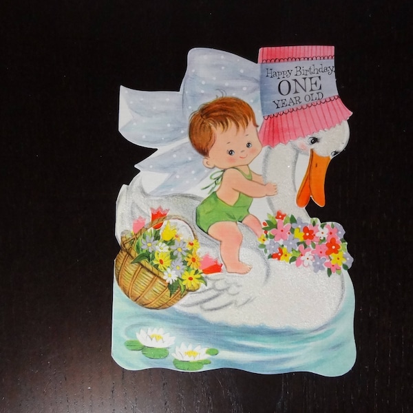 Vintage Used Hallmark Happy Birthday Greeting Card For One Year Old - Little Girl or Boy Sitting on a Fuzzy/Flocked Swan