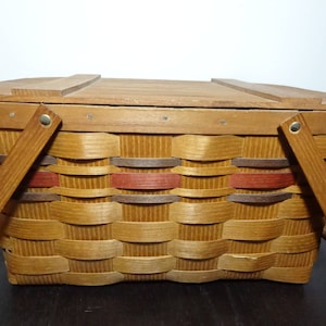 Vintage Handwoven Basketville Picnic Basket with Stripes and Swing Handles