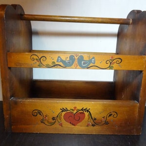 Vintage Wooden Hand Painted Magazine Rack with Pennsylvania Dutch or Scandinavian Style Painting Design - Signed E. Nowak 1984