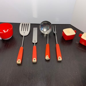 Ekco Eterna Red and White Plastic Utensils and Federal Tool Cream and Sugar Set and Unmarked Sifter - Vintage Rare 1950s Retro