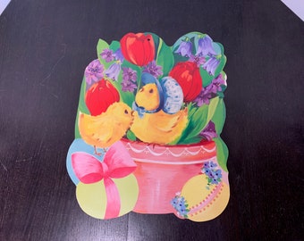 Vintage Easter Die-Cut Decoration - Easter Flower Bouquet Basket with Easter Eggs an Chicks - Die Cut Wall Poster/Wall Hanging