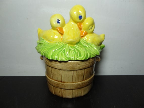 Vintage Ceramic Easter Snack Jar/Trinket Box with Baby Ducks/Chicks on a Basket Shaped Bottom - Easter Decor - 1984 - Hand Painted