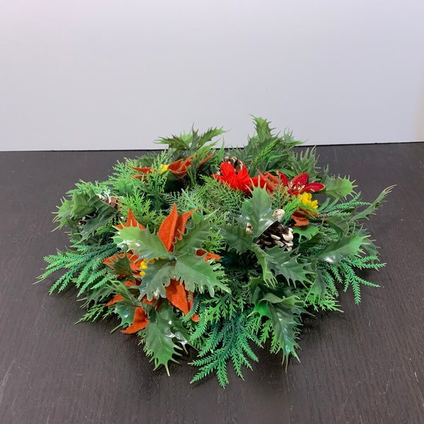 Vintage Christmas Plastic Candle Ring/Table Centerpiece - Poinsettia, Pine Cone & Holly Greenery - Old Fashioned Christmas Decor