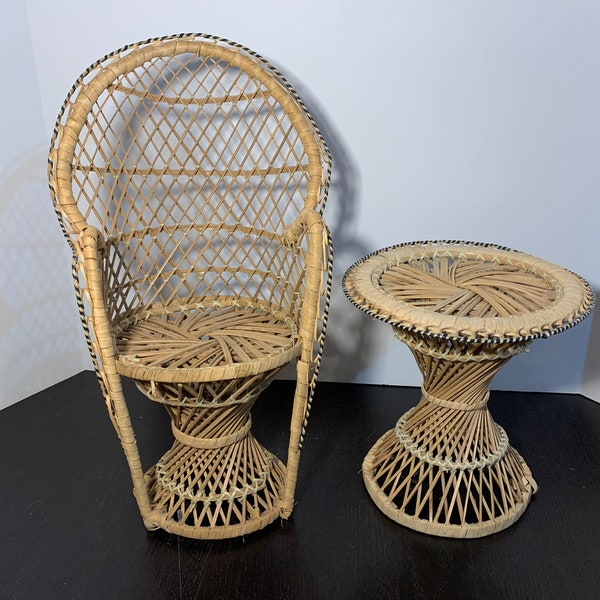 Vintage Wicker or Rattan Mini Fan/Peacock Chair and Table Shaped Plant Stands/Doll Chair 15 3/4”H - Boho Decor