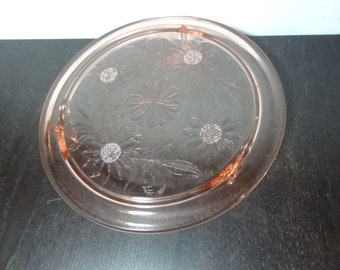 Vintage Jeannette Pink Depression Glass Footed Sunflower Floral Cake Plate or Serving Platter