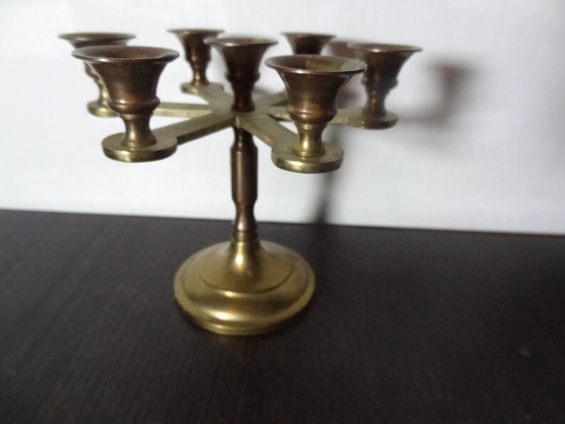 Vintage Small Brass Round Candelabra with 7 Candle Holders for Small Taper Candles