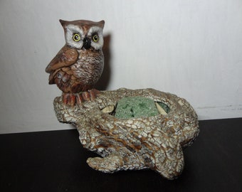Vintage Glenview Mold Faux Wood and Bark Ceramic Brown Planter with an Owl