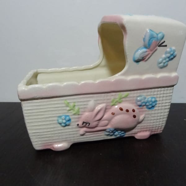 Vintage Ceramic Bassinet/Cradle Shaped Nursery Planter with Baby Deer/Fawn Design - Nursery/Baby's Room Planter