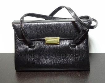 Vintage Viri Original Black Vinyl or Leather Textured Handbag with Brass Metal Latch and Feet