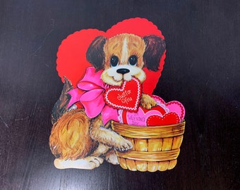 Vintage Gibson Valentines Day Diecut Decoration - Puppy Dog, Red Heart, with a Basket of Valentines-Kitsch Die Cut Wall Poster/Wall Hanging