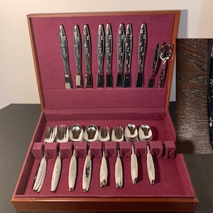 Acsons Atomic Starburst Stainless Steel Flatware in Box - Service For 8 + Serving - Set of 50 - New Old Stock - Vintage Retro Atomic MCM