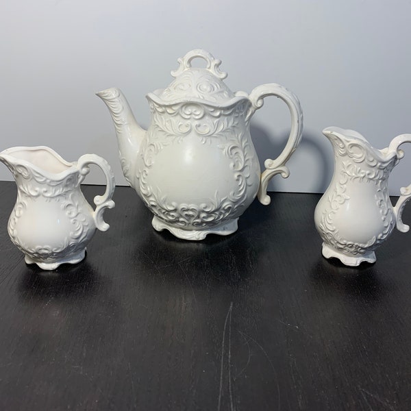 Vintage Napco/Napcoware White Embossed Ceramic French Provincial Teapot, Creamer Pitcher, and Pepper Shaker - Shabby Chic