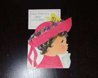 Vintage Used Greeting Card - Easter Card for Young Girl - Little Girl in Glittered Easter Hat with Butterfly - Used Easter Card