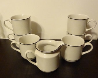Vintage Farmhouse Style Ming Pao White with Black Rim Restaurant-Ware Diner Coffee Cups and Creamer - Set of 7