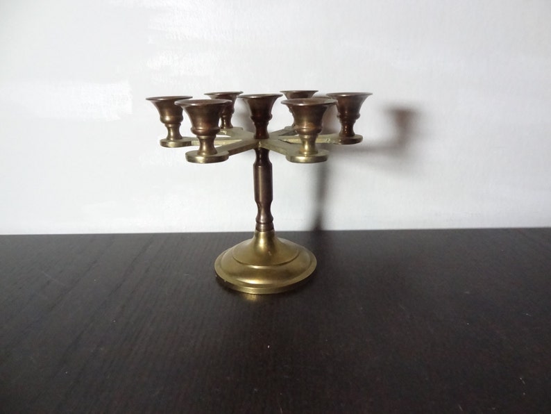 Vintage Small Brass Round Candelabra with 7 Candle Holders for Small Taper Candles