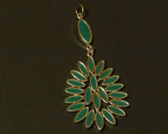 Vintage Large Turquoise Enamel Flower Pendant in Silver Tone Metal
