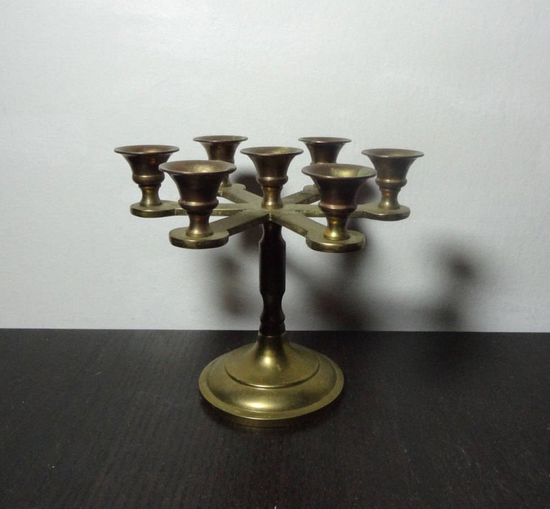 Vintage Small Brass Round Candelabra with 7 Candle Holders for Small Taper Candles