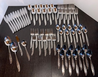 Vintage RARE Castle Court Brushed Stainless Steel Flatware with Flourish/Vine/Scroll Design - Service for 10 Plus Serving Pieces - Set of 64