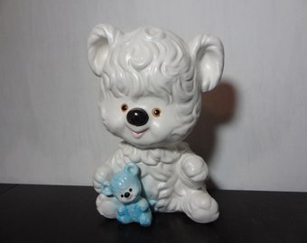 Vintage Inarco Kitsch Ceramic White and Blue Teddy Bear Shaped Nursery Planter - Nursery/Baby's Room Planter