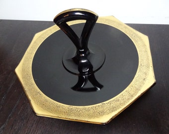 Vintage L E Smith Black Amethyst Glass? Octagonal Serving Platter/Tidbit Tray with Gold Floral Border and Center Handle - Art Deco