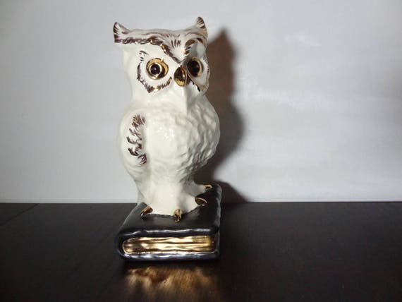 Vintage Large Ceramic White and Gold Owl | Etsy