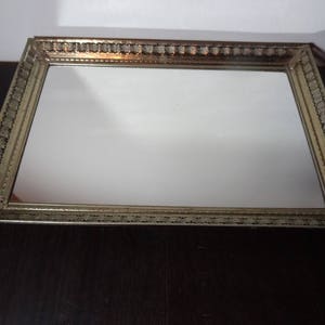 Vintage Footed Rectangular Mirrored Vanity/Dresser Tray - White Washed Gold Tone Metal Flourishes Design and Kick Stand - Hollywood Regency
