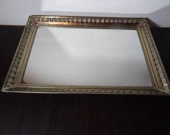Vintage Footed Rectangular Mirrored Vanity/Dresser Tray - White Washed Gold Tone Metal Flourishes Design and Kick Stand - Hollywood Regency