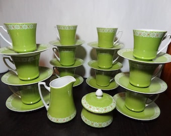 Vintage Retro Walbrzych Bright Green Floral Coffee/Tea Cups/Mugs and Cream and Sugar Set - Set of 26 - Made in Poland