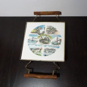 Vintage San Francisco Souvenir Ceramic and Metal Trivet with Wood Handles - Mid Century Modern