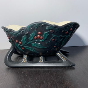 Vintage Christmas Ceramic Sleigh Planter/Container/Candy Dish - Black, Green, and Red Ceramic Sleigh - Old Fashioned Christmas Decor
