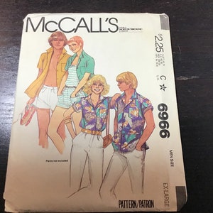 May include: A vintage McCall's sewing pattern for a shirt, featuring a colorful illustration of three people wearing different styles of shirts. The pattern number is C 6966, size is men's ex-large, and the price is $2.25.